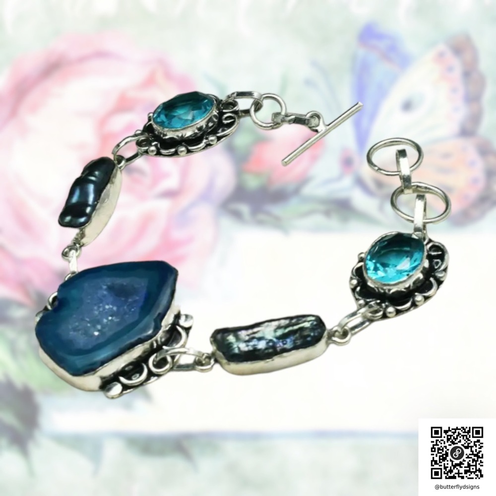 0191 Solar Agate Blue Topaz Handmade Bracelet Silver Gemstone Jewelry - Picture 10 of 11
